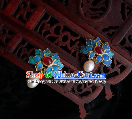 Chinese Handmade Qing Dynasty Blue Peony Earrings Traditional Hanfu Ear Jewelry Accessories Classical Pearl Eardrop for Women