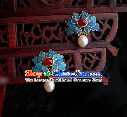 Chinese Handmade Qing Dynasty Blue Peony Earrings Traditional Hanfu Ear Jewelry Accessories Classical Pearl Eardrop for Women