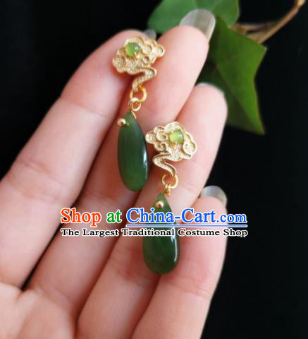 Chinese Handmade Qing Dynasty Golden Cloud Earrings Traditional Hanfu Ear Jewelry Accessories Classical Court Jade Eardrop for Women