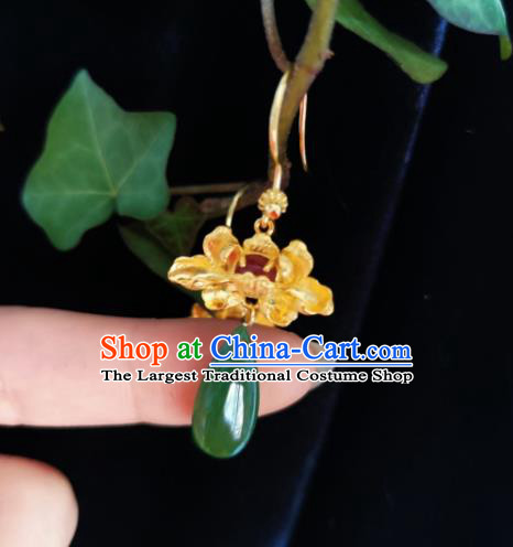 Chinese Handmade Qing Dynasty Golden Peony Earrings Traditional Hanfu Ear Jewelry Accessories Classical Court Jade Eardrop for Women