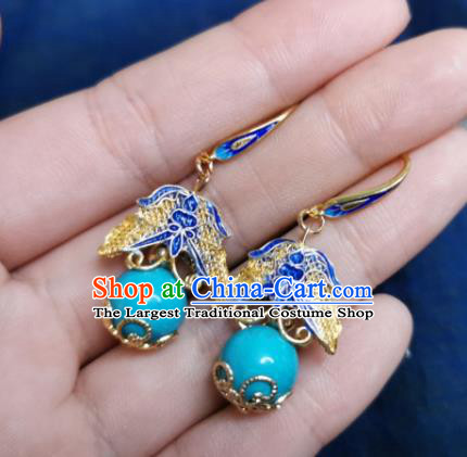 Chinese Handmade Qing Dynasty Blue Bead Earrings Traditional Hanfu Ear Jewelry Accessories Classical Eardrop for Women