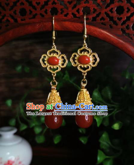 Chinese Handmade Qing Dynasty Agate Earrings Traditional Hanfu Ear Jewelry Accessories Classical Red Eardrop for Women