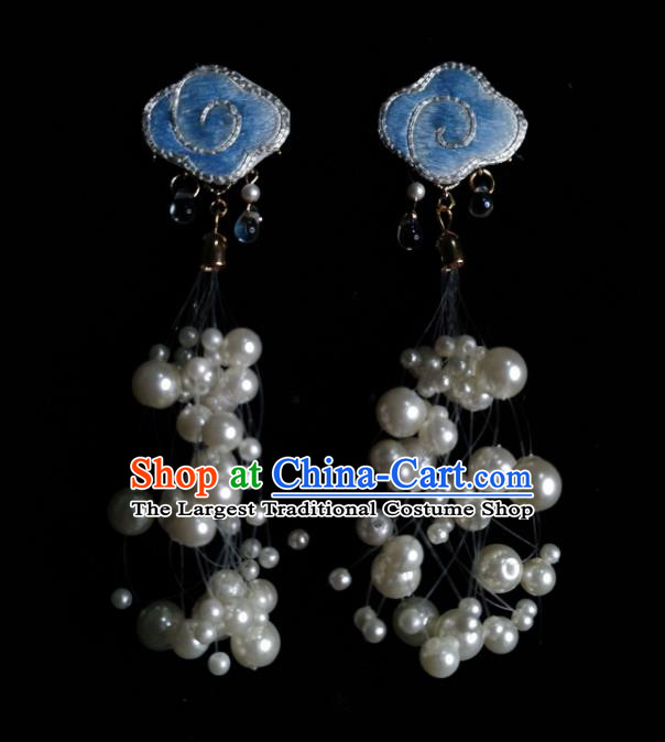 Chinese Handmade Embroidered Blue Cloud Earrings Traditional Hanfu Ear Jewelry Accessories Classical Pearls Eardrop for Women