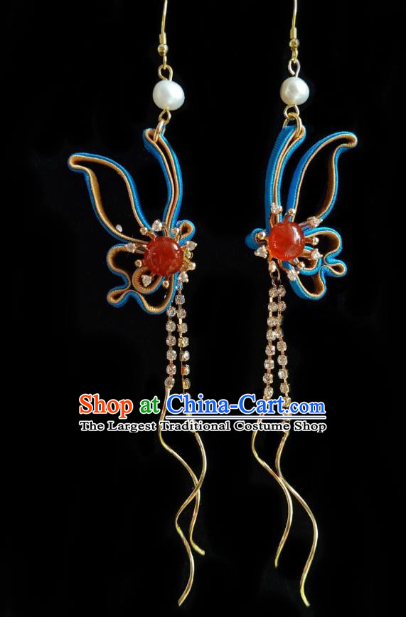 Chinese Handmade Silk Butterfly Earrings Traditional Hanfu Ear Jewelry Accessories Classical Agate Crystal Tassel Eardrop for Women