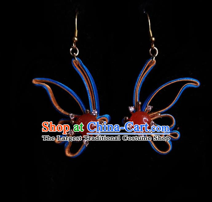 Chinese Handmade Silk Butterfly Earrings Traditional Hanfu Ear Jewelry Accessories Classical Agate Eardrop for Women
