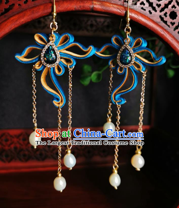 Chinese Handmade Green Stone Earrings Traditional Hanfu Ear Jewelry Accessories Classical Silk Flower Tassel Eardrop for Women