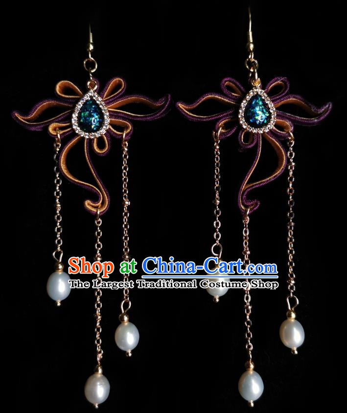 Chinese Handmade Tassel Earrings Traditional Hanfu Ear Jewelry Accessories Classical Purple Silk Flower Eardrop for Women