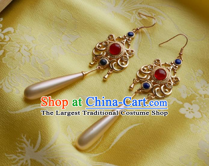 Chinese Handmade Court Golden Earrings Traditional Hanfu Ear Jewelry Accessories Classical Agate Pearls Eardrop for Women