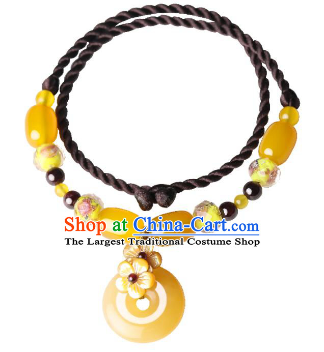 Chinese Handmade National Yellow Chalcedony Necklet Decoration Traditional Peace Buckle Necklace Accessories for Women