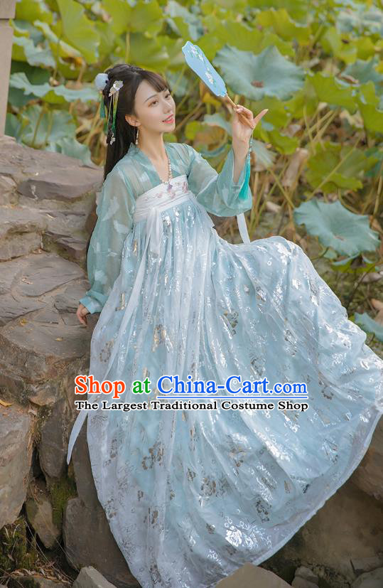 Top Chinese Tang Dynasty Embroidered Costumes Traditional Hanfu Garment Ancient Young Lady Cloak Blouse and Dress Complete Set