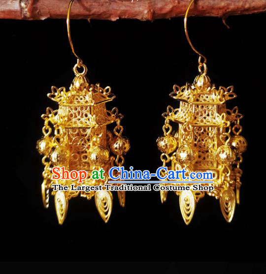 Chinese Handmade Court Golden Earrings Traditional Hanfu Ear Jewelry Accessories Classical Qing Dynasty Palace Eardrop for Women