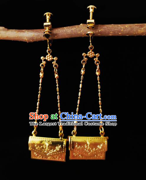 Chinese Handmade Court Earrings Traditional Hanfu Ear Jewelry Accessories Classical Qing Dynasty Golden Envelope Eardrop for Women