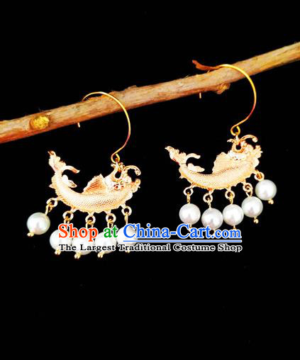 Chinese Handmade Court Golden Carp Earrings Traditional Hanfu Ear Jewelry Accessories Classical Qing Dynasty Tassel Eardrop for Women