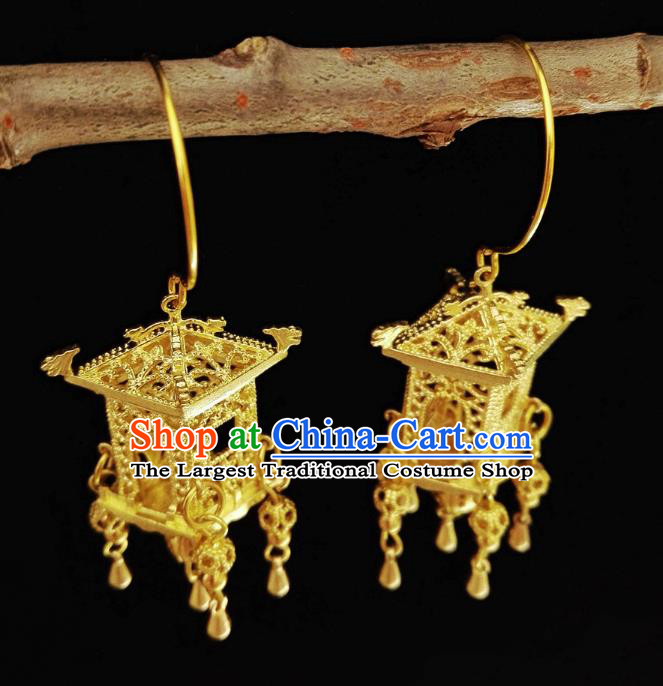Chinese Handmade Palace Golden Earrings Traditional Hanfu Ear Jewelry Accessories Classical Ming Dynasty Tassel Eardrop for Women