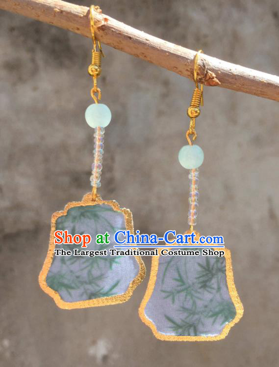 Chinese Handmade Printing Bamboo Silk Earrings Traditional Hanfu Ear Jewelry Accessories Classical Qipao Eardrop for Women
