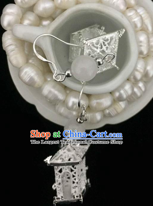 Chinese Handmade Argent Pavilion Earrings Traditional Hanfu Ear Jewelry Accessories Classical Qipao Eardrop for Women