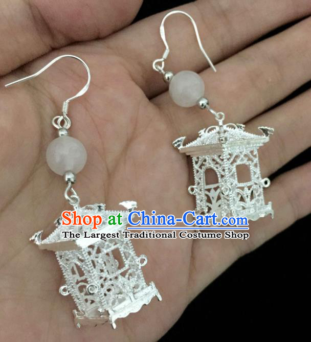 Chinese Handmade Argent Pavilion Earrings Traditional Hanfu Ear Jewelry Accessories Classical Qipao Eardrop for Women