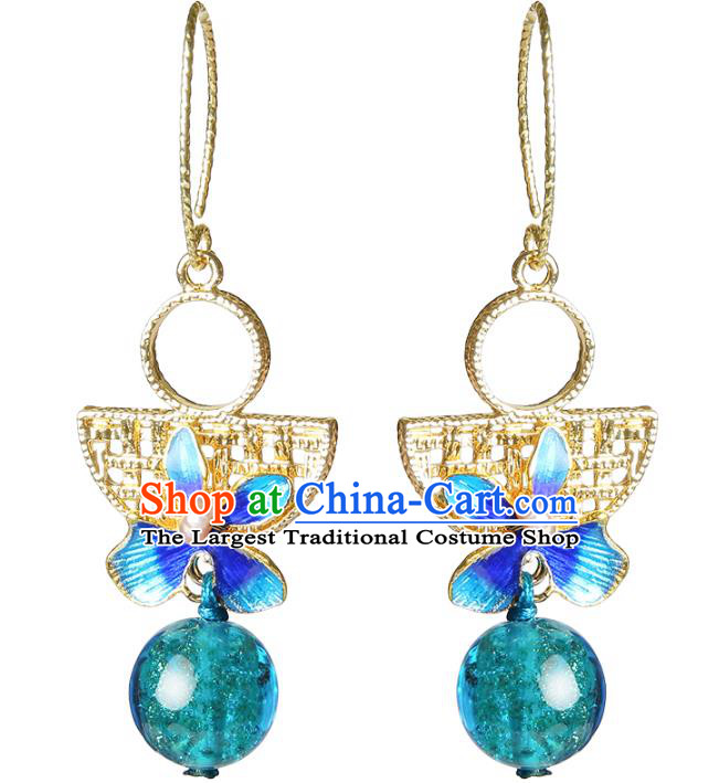 Traditional Chinese Blue Grass Ball Ear Accessories Handmade Eardrop National Cheongsam Earrings for Women