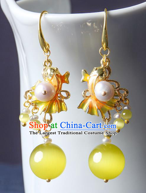 Traditional Chinese Yellow Opal Ear Accessories Handmade Eardrop National Cheongsam Fishtail Earrings for Women