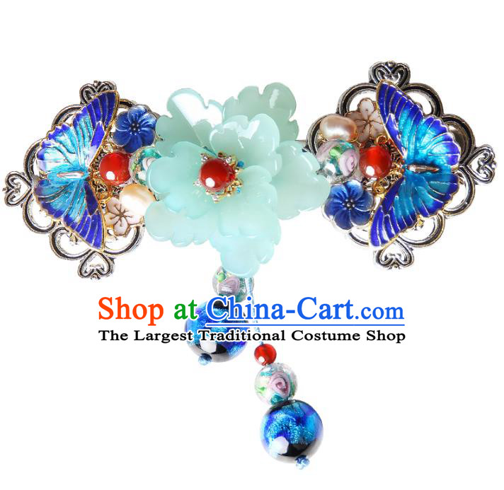 Chinese Traditional Cloisonne Butterfly Hair Claw Hair Accessories Decoration Handmade Hair Accessories Blue Peony Hair Stick for Women