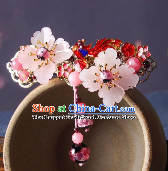 Chinese Traditional Cloisonne Red Bird Hair Claw Hair Accessories Decoration Handmade Hair Accessories Pink Flowers Hair Stick for Women
