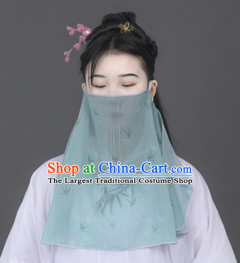 Chinese Traditional Ancient Female Swordsman Light Green Chiffon Printing Face Veil Hanfu Dance Mask Headwear for Women