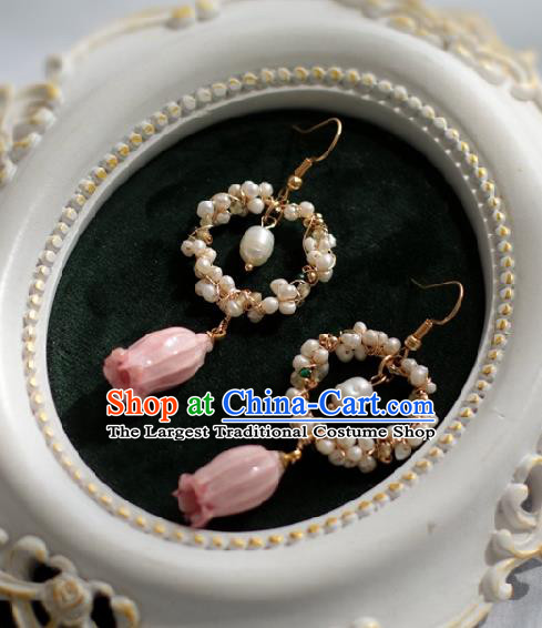 Princess Handmade Pearls Earrings Fashion Jewelry Accessories Classical Pink Preserved Flower Eardrop for Women