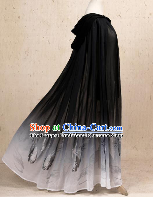 Traditional Chinese Hanfu Black Chiffon Cloak Ancient Costume Cape with Cap for Women