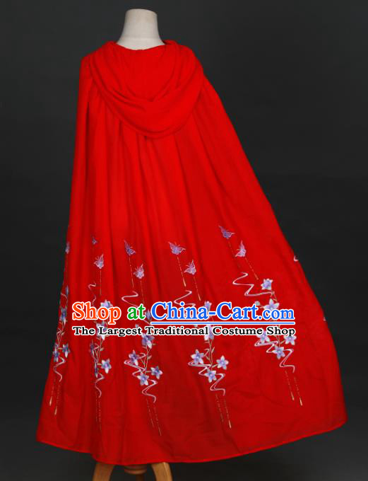Traditional Chinese Hanfu Red Cloak Ancient Costume Embroidered Butterfly Flowers Cape with Cap for Women