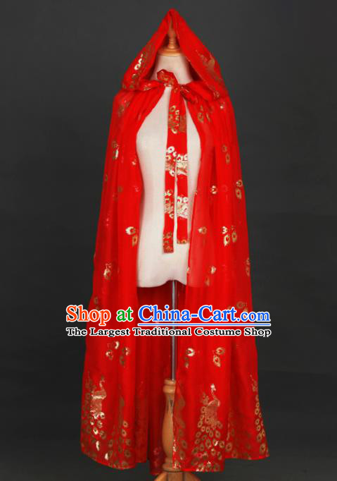Traditional Chinese Hanfu Printing Peacock Red Cloak Ancient Costume Chiffon Cape with Cap for Women