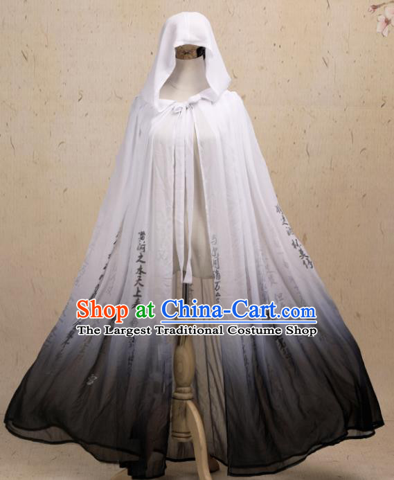 Traditional Chinese Hanfu Ink Painting Cloak Ancient Costume Gradient Cape with Cap for Women