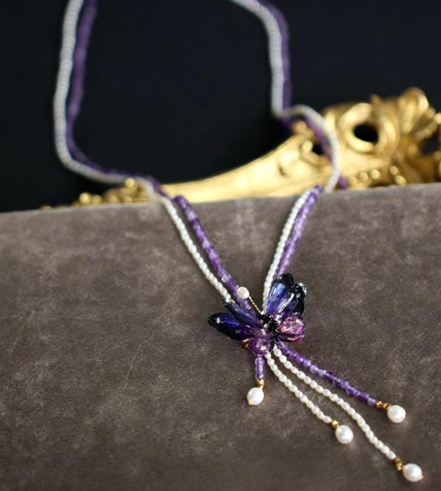 Baroque Handmade Amethyst Butterfly Necklace Jewelry Accessories European Retro Princess Beads Necklet for Women