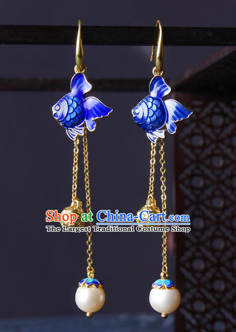 Traditional Chinese Blueing Goldfish Ear Accessories Handmade Eardrop National Cheongsam Golden Tassel Earrings for Women