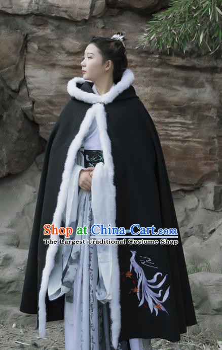 Traditional Chinese Hanfu Black Woolen Cloak Ancient Costume Winter Embroidered Fox Cape With Cap for Women