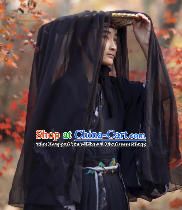 Chinese Traditional Ancient Swordsman Headwear Handmade Hanfu Knight Black Chiffon Bamboo Hat for Men