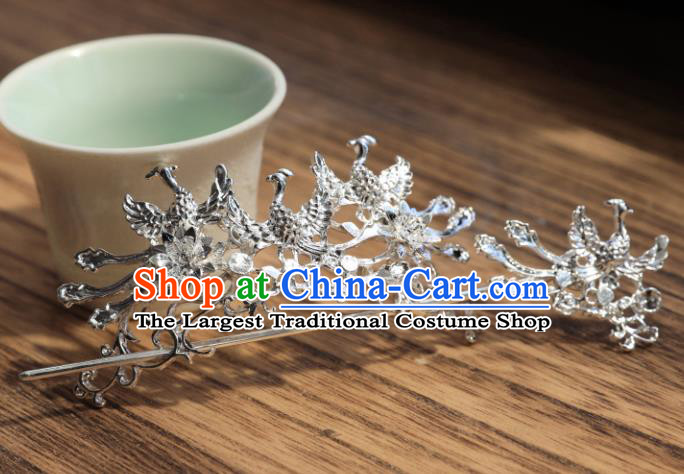 Chinese Traditional Ancient Princess Argent Phoenix Hair Crown and Hairpin Hair Clip Hanfu Hair Accessories Headwear for Women