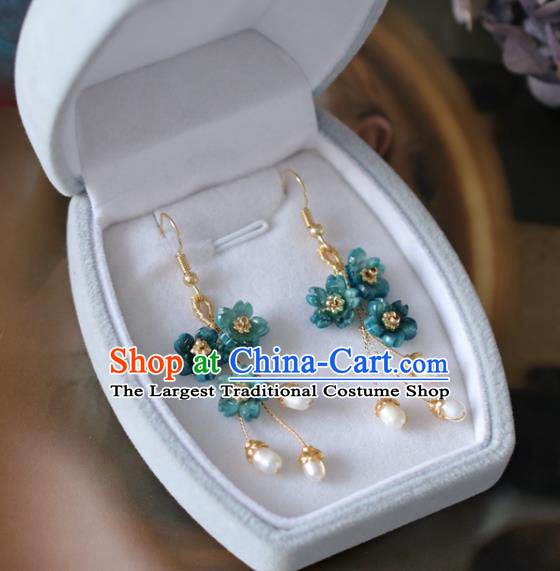 Princess Handmade Blue Flowers Earrings Classical Pearls Eardrop Fashion Jewelry Accessories for Women