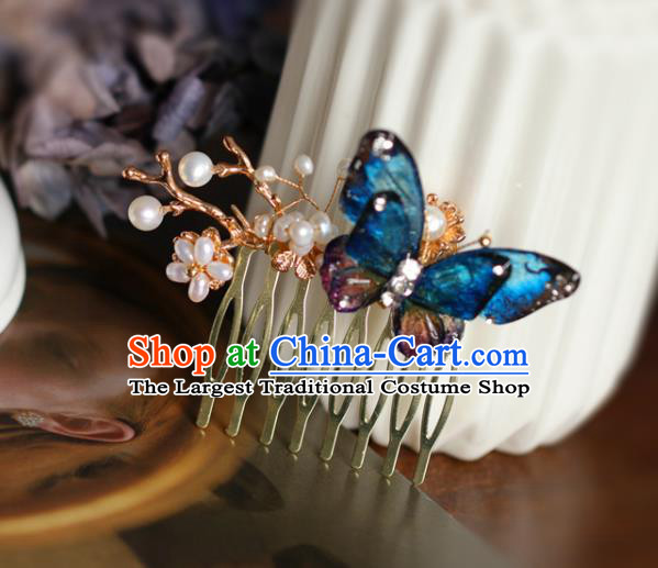 Handmade Retro Blue Butterfly Hair Comb Top Grade Hair Accessories Hair Stick Pearls Hair Pin for Women