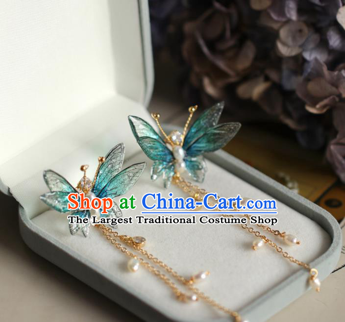 Princess Handmade Earrings Fashion Jewelry Accessories Classical Pearls Tassel Green Butterfly Eardrop for Women