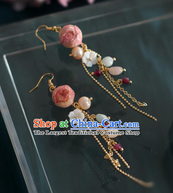Princess Handmade Golden Tassel Earrings Fashion Jewelry Accessories Classical Pink Preserved Flower Eardrop for Women