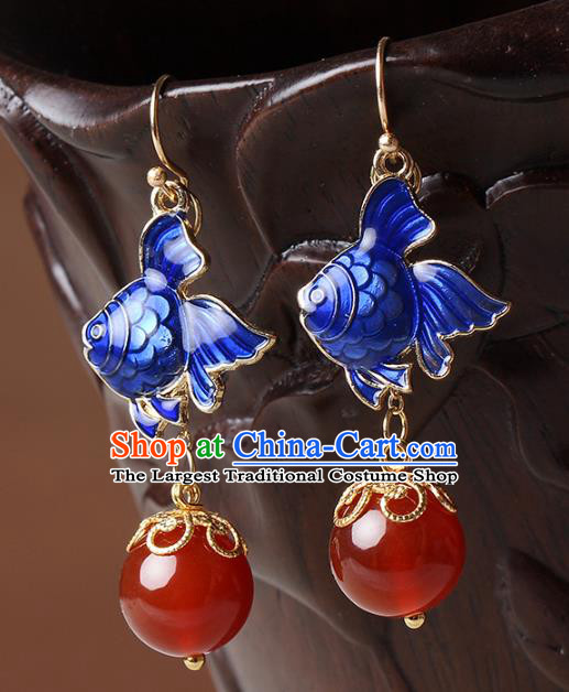 Traditional Chinese Blueing Fish Ear Accessories Handmade Eardrop National Cheongsam Red Bead Earrings for Women