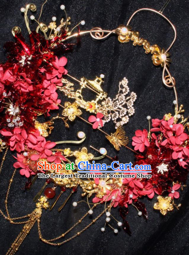 Top Grade Chinese Classical Wedding Red Flowers Round Fan Accessories Handmade Ancient Bride Palace Fans for Women