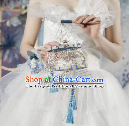 Handmade Chinese Wedding Prop Blue Tassel Lantern Top Grade Bride Accessories Photography Portable Lamp for Women