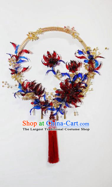 Top Grade Chinese Classical Wedding Round Fan Accessories Handmade Ancient Bride Red Spider Lily Palace Fans for Women