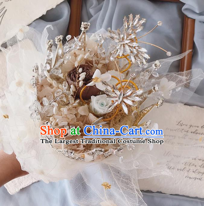 Baroque Princess Beige Leaf Bridal Bouquet Handmade Wedding Accessories Photography Prop Bride Crystal Flowers for Women