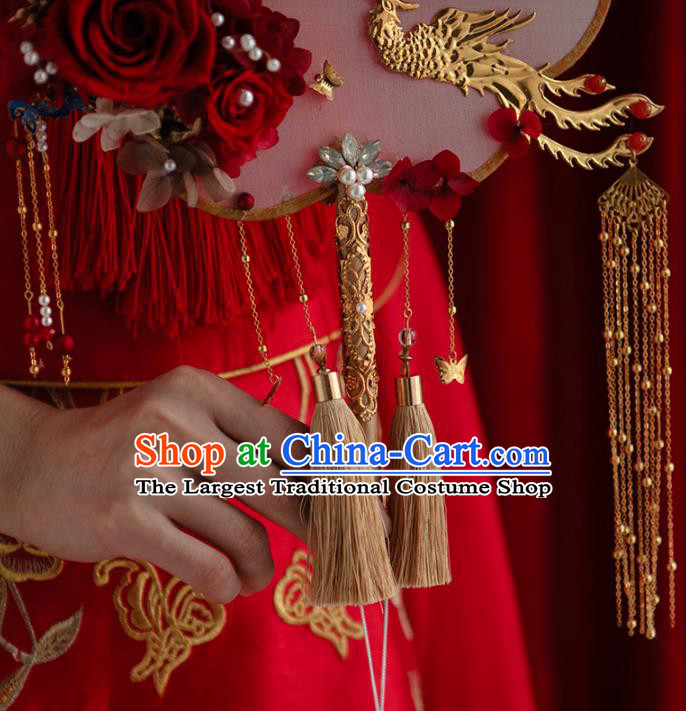 Top Grade Chinese Classical Wedding Tassel Round Fan Accessories Handmade Ancient Bride Red Roses Palace Fans for Women