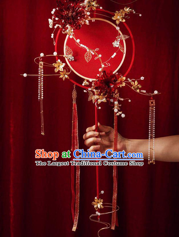 Top Grade Chinese Classical Wedding Red Ribbon Round Fan Accessories Handmade Ancient Bride Tassel Palace Fans for Women