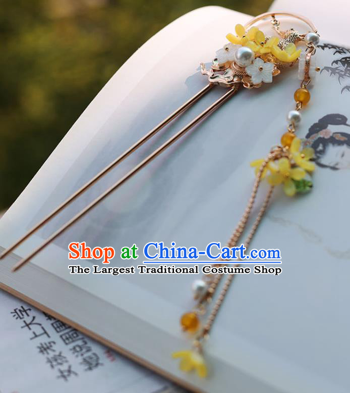 Handmade Chinese Classical Hair Accessories Ancient Princess Hanfu Headwear Yellow Fragrans Tassel Hairpins for Women
