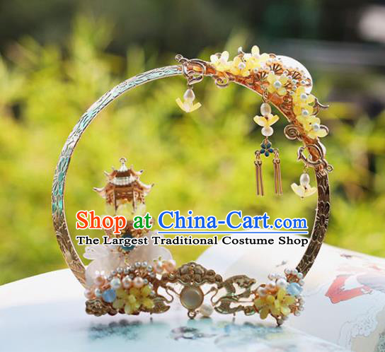 Handmade Chinese Palace Hair Crown Classical Hair Accessories Ancient Princess Hanfu Yellow Fragrans Hairpins Headwear for Women