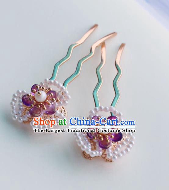 Handmade Chinese Classical Purple Flower Hair Accessories Traditional Hanfu Headwear Ancient Princess Beads Hairpins for Women